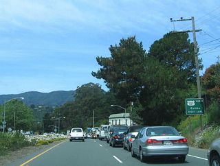 California 131 approaches its end at U.S. 101 (Redwood Highway). The first ramp connects to northbound U.S. 101 to Santa Rosa, Ukiah, and Eureka. The second ramp, a loop ramp exiting right, connects to U.S. 101 south to Sausalito and San Francisco.