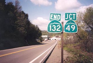 Eastbound California 132 meets California 49 (Gold Country [Mother Lode] Highway) in Coulterville.