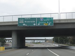 Northbound California 133 (Laguna Freeway) reaches Exit 10, Interstate 5 (Santa Ana Freeway) north to Santa Ana and Los Angeles. Continue north on California 133 to follow the Eastern Transportation Corridor north to California 91 en route to Riverside. At this point, California 133 shifts from the Laguna Freeway to the toll Eastern Transportation Corridor.