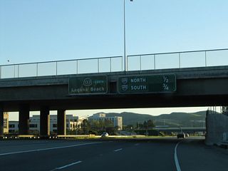 Joining the mainline, the next two exits from California 133 (Laguna Freeway) south are Exit 9, Interstate 405 (San Diego Freeway) north to Long Beach and Exit 8, Interstate 405 (San Diego Freeway) south to San Diego.