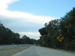 The long off-ramp to Colorado Boulevard looks like a typical four-lane freeway except for the lack of a raised center median.