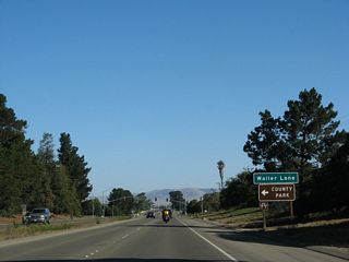 Northbound California 135 (Orcutt Expressway) approaches Waller Lane.