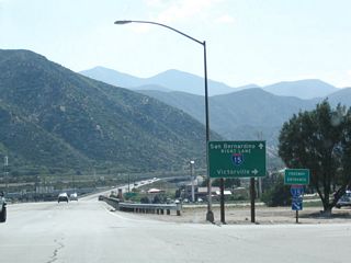 Stay right for the connections to Interstate 15. The first right connects to Interstate 15 north to Victorville. For U.S. 395 north to Bishop and Historic U.S. 66 east to Barstow, follow Interstate 15 north. The second right connects to Interstate 15 south to Ontario and Corona. For Interstate 215 south to San Bernardino and Riverside, follow Interstate 15 south.