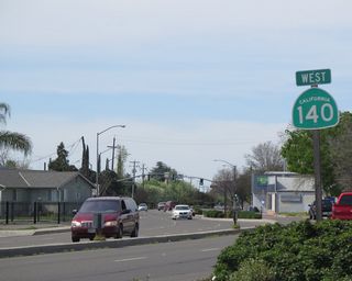 After separating from California 99 and California 59 near downtown Merced, westbound California 140 proceeds west along McSwain Road en route to Stevinson and Gustine.