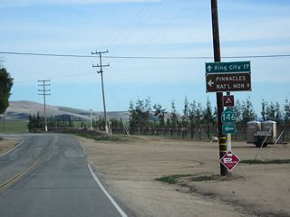 Eastbound California 146 turns east on Shirtail Canyon Road. California 146 will follow Shirtail Canyon Road into the foothills, ultimately connecting to recreational access points in Pinnacles National Monument. The state route narrows to one and a half lanes for the final distance to its end (beginning of route gap) in the monument. Ahead, Monterey County G-15 takes over Metz Road for the journey south to King City (17 miles). G-15 ultimately connects to U.S. 101 in King City.