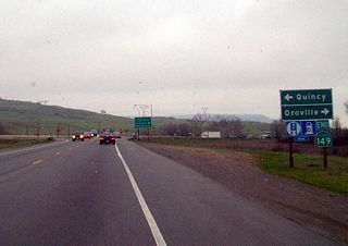 The previous at-grade intersection joining California 149 south with California 70 that was replaced with the Wicks Corner Interchange.