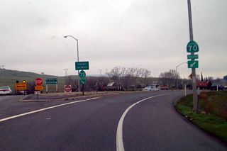 Freeway entrance signs where California 149 transitioned onto California 70 south to Oroville.