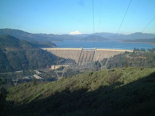 This view of Shasta Lake is afforded from the parking lot near the dam visitors center.
