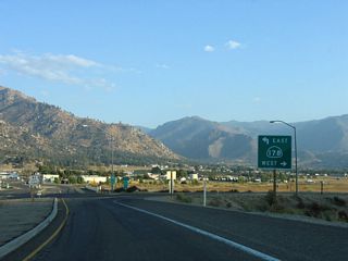 Lowering into Hot Spring Valley, SR 155 converges with SR 178, the Isabella Bypass. The highway travels east toward Walker Pass, Freeman Junction, and Ridgecrest. To the west, SR 178 leads into the narrow Kern River Canyon, then emerges in Bakersfield, ending at SR 99.