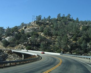 Southbound California 155 crosses the French Gulch Bridge over an arm of Isabella Lake at postmile 68.71.