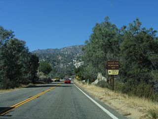 Southbound California 155 (Kernville Road) at the turnoff for French Gulch Recreation Site along Isabella Lake.