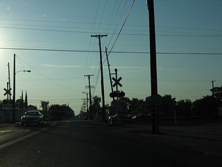 The final California 155 west reassurance shield is posted between High Street and the at-grade crossing with the Union Pacific Railroad.