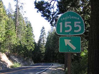 This California 155 east trailblazer is posted after the intersection between Garces Highway and Old State Highway in Greenhorn Mountain County Park.