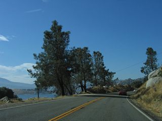 The Lake Isabella reservoir comes into view along southbound Kernville Road.