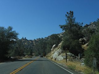 Eastbound California 155 (Kernville Road) approaches the Pioneer Point campground turnoff.