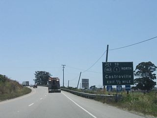 After the Castroville Boulevard intersection, westbound California 156 changes into a freeway configuration. The only independent exit on this short freeway is Exit 1B, California 183 north to Castroville and south to Salinas.