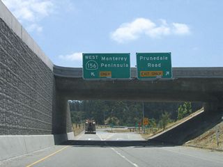 The right lane exits onto Prunedale Road, while the left lane will continue west on California 156. This area was formerly an at-grade intersection and was the source of countless delays on U.S. 101 and California 156. Although the reconfiguration addresses connections at the interchange, it did not fix capacity improvements needed for California 156 west to Monterey.