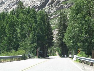 June Lake Loop passes Silver Lake Resort ahead of the narrow bridge crossing Algier Creek.