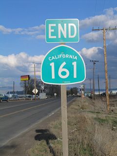 SR 161 east concludes at Hatfield along the state border with California State Route 139 south and Oregon Route 39 north. Beyond SR 139, county-maintained State Line Road extends east toward Malin, Oregon.