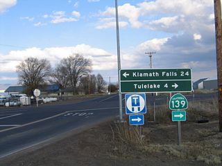 Oregon Route 39 angles northwest to Stone Bridge while SR 139 travels southeast to Tulelake and Newell.