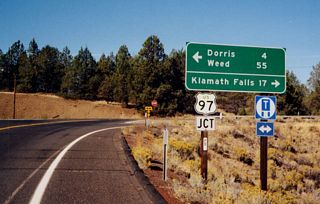 South from SR 161, U.S. 97 crosses Dorris Hill into Dorris before entering Butte Valley. U.S. 97 crosses the Cascade Range southwest into Weed.