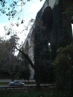 Looking east at the Cabrillo Bridge. The Cabrillo Bridge is a steel-reinforced cast-concrete bridge, and it rises 125 feet above the floor of the valley. The bridge itself is hollow, and wood pilings still remain from the original concrete poured in 1912-1914. Some of the interior wood burned in a fire in 2004, but the steel kept the bridge intact.