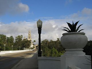 Laurel Street/El Prado east crossing the Cabrillo Bridge in Balboa Park.