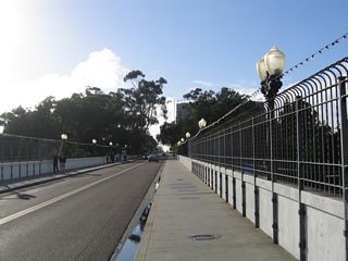 El Prado travels west from the Cabrillo Bridge toward the western mesa of Balboa Park, the Uptown community, and San Diego International Airport by way of Laurel Street.