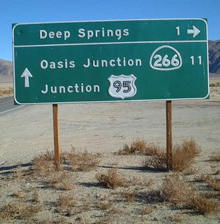 Eastbound California 168 at Deep Springs Ranch Road. This is the only evidence of civilization in this expansive valley located between Westgard Pass and Gilbert Summit. California 168 meets California 266 in Fishlake Valley, which is the next valley after Gilbert Summit.