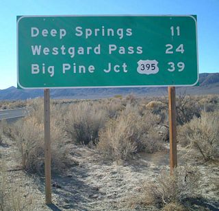 Westbound California 168 mileage sign after the Fish Lake Valley Junction with California 266.