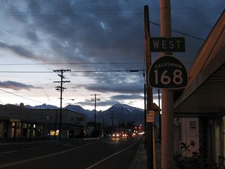 Leaving the intersection with U.S. 395, a California 168 west reassurance shield is posted along West Line Street. The state route will travel west to West Bishop, then southwest to Lake Sabrina, near which the state highway ends. California 168 does not extend across the Sierra Nevada, but an orphaned section of California 168 exists in Fresno County.