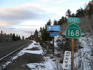 Leaving the Lake Sabrina campground, eastbound SR 168 commences along Bishop Creek toward the city of Bishop in the Owens Valley.