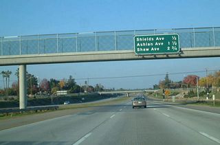 The next exit along eastbound California 168 (Sierra Freeway) is Exit 2, Shields Avenue, one-half mile.
