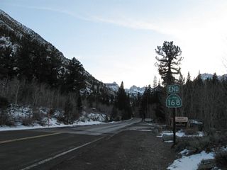 Arriving at the entrance to the Lake Sabrina Campground, California 168 comes to its end, and the National Forest Service takes over maintenance of the remaining road leading into the campground.