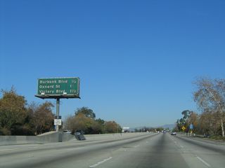 This mileage sign along northbound California 170 provides the distance to the next three exits: Exit 7, Burbank Boulevard; Exit 8A, Oxnard Street; and Exit 8B, Victory Boulevard.
