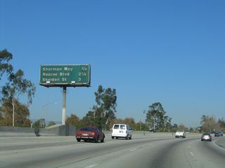 This mileage sign along northbound California 170 (Hollywood Freeway) for the next three exits: Exit 9, Sherman Way; Exit 10, Roscoe Boulevard; and Exit 11, Sheldon Street.