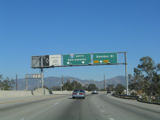 The right lane of California 170 (Hollywood Freeway) becomes exit only for Exit 11A, Sheldon Street. Stay left for the connection to Exit 11B, Interstate 5 (Golden State Freeway) north to Bakersfield and Sacramento.