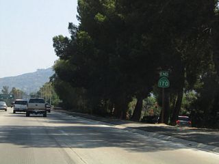 An end shield for California 170 south is posted after the off-ramp to Exit 6A, Riverside Drive. Technically California 170 continues to Highland Avenue, but for signing purposes an end shield here is accurate.