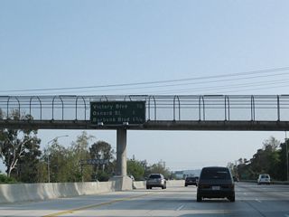This mileage sign provides the distance to the next three exits from California 170 (Hollywood Freeway) south: Exit 8B, Victory Boulevard; Exit 8A, Oxnard Street and Laurel Canyon Boulevard; and Exit 7, Burbank Boulevard.