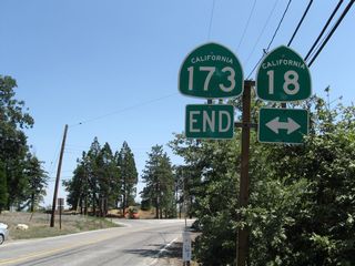 Eastbound California 173 ends at California 18 in the unincorporated community of Crest Park just south of Lake Arrowhead Village.