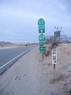 As California 177 ends, California 62 west turns left toward Twentynine Palms and Yucca Valley. Continue straight ahead to follow California 62 east toward Parker, Arizona.