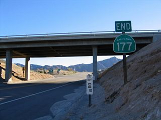 California 177 is signed with an end shield, just as it is at the California 62 junction near Granite Pass west of Rice. A zero postmile is placed next to the end shield.