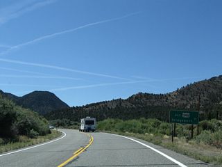 Located around 1.5 miles beyond the state border, this mileage sign along California 182 provides the distance to U.S. 395 and Bridgeport, which is 11 miles south of this point.