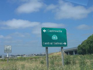 On the transition ramp from Davis Road southbound to California 183 (Market Street) in Salinas, this sign points the way to Castroville (left turn/north) and downtown Salinas (right turn/south).