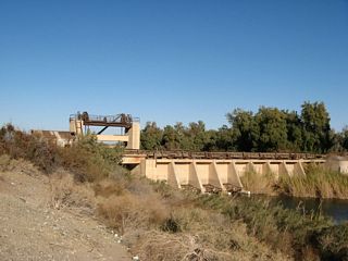 The Hanlon Heading diversion dam can be seen from northbound California 186 as the state highway leaves Andrade.