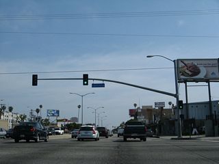 A major intersection is between California 187 (Venice Boulevard) and Centinela Avenue, which travels north toward Santa Monica Municipal Airport and south toward the Westchester District.