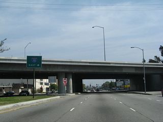 An on-ramp directly links eastbound California 187 (Venice Boulevard) to Interstate 10 east to downtown Los Angeles.