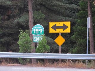 The end shield for SR 189 west appears at the intersection with Lake Gregory Drive, despite the route actually turning south to the adjacent traffic light with SR 189.