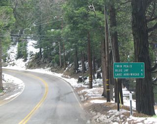 This mileage sign along eastbound provides the distance to Twin Peaks, Blue Jay, and Lake Arrowhead.