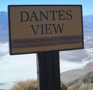 This sign is posted at Dante's View, elevation 5,475 feet. The valley floor is 282 feet below sea level at its lowest. Badwater, the lowest point in the United States, is not visible from Dantes View. In the movieStar Wars: A New Hope,the scene where Obi-Wan Kenobi looks down on Mos Eisley the spaceport on Tatooine and calls the city a "wretched hive of scum and villany," he was looking down at Death Valley from Dante's View.